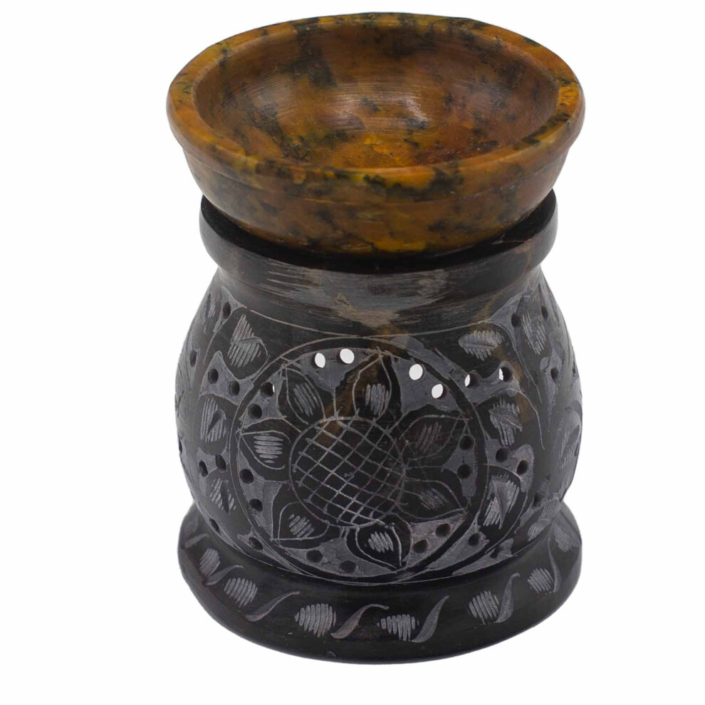 Soapstone Oil Burner 10Cm Mandala Flower & Oil Burner Black/Yellow