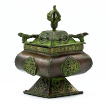 Antique Tibetan Incense Holders Brass Verdigris Tibetan Burner Four Symbols Square Standing Pot