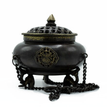 Antique Tibetan Incense Holders Large Brass Tibetan Burner Four Symbol Hanging Pot