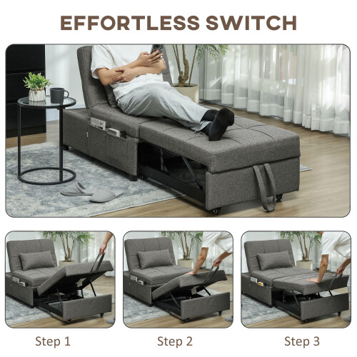Homcom HOMCOM 4-in-1 Pull Out Sleeper Chair Bed with Pockets, Charcoal Grey 2