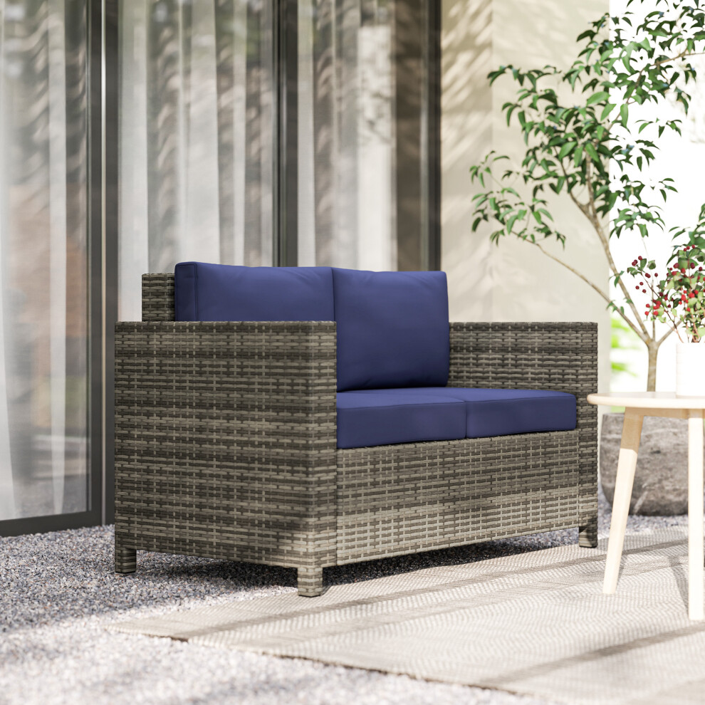 Outsunny Rattan Wicker 2-Seat Sofa Loveseat Padded Garden Furniture Blue