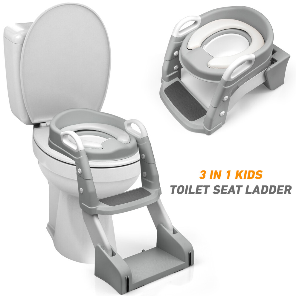 (Grey) Kid Children Baby Potty Training Toilet Seat Toddler Urinal Chair Ladder Trainer