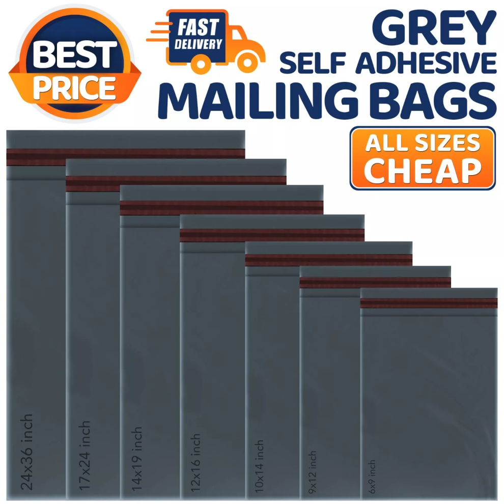 (6" x 9" (152mm to 229mm), 200) GREY MAILING BAGS STRONG POLY POSTAGE POST POSTAL MAIL SELF SEAL BAGS ALL SIZES