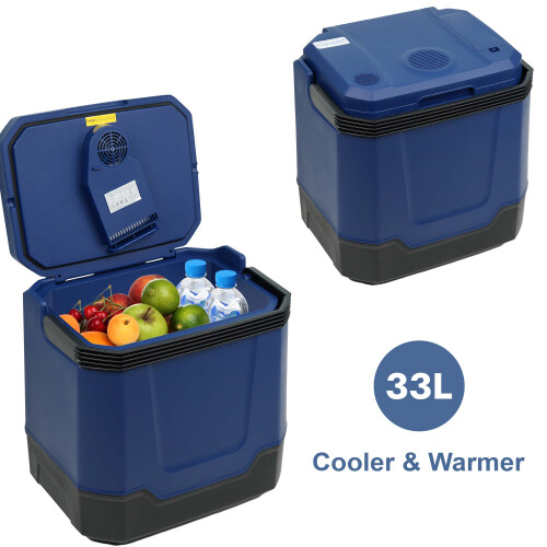 (33L Dark Blue) 33L Cooler Hot / Cold Portable Cool Box Car Home Electric 240V AC / 12V DC