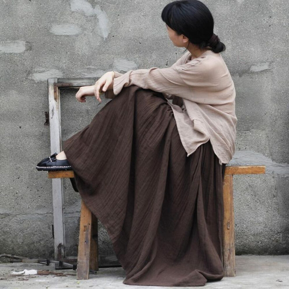 (One Size, brown) Johnature Women Cotton Linen Elastice Waist Floor Length Autumn Pleated Casual Long Skirts