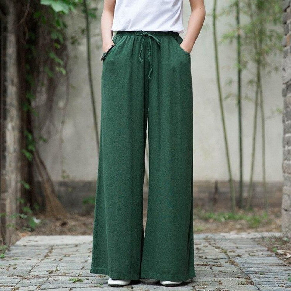 (green, M) Johnature Solid Color Wide Leg 2021 Spring New Pockets Cotton Linen Women Cloths Pants
