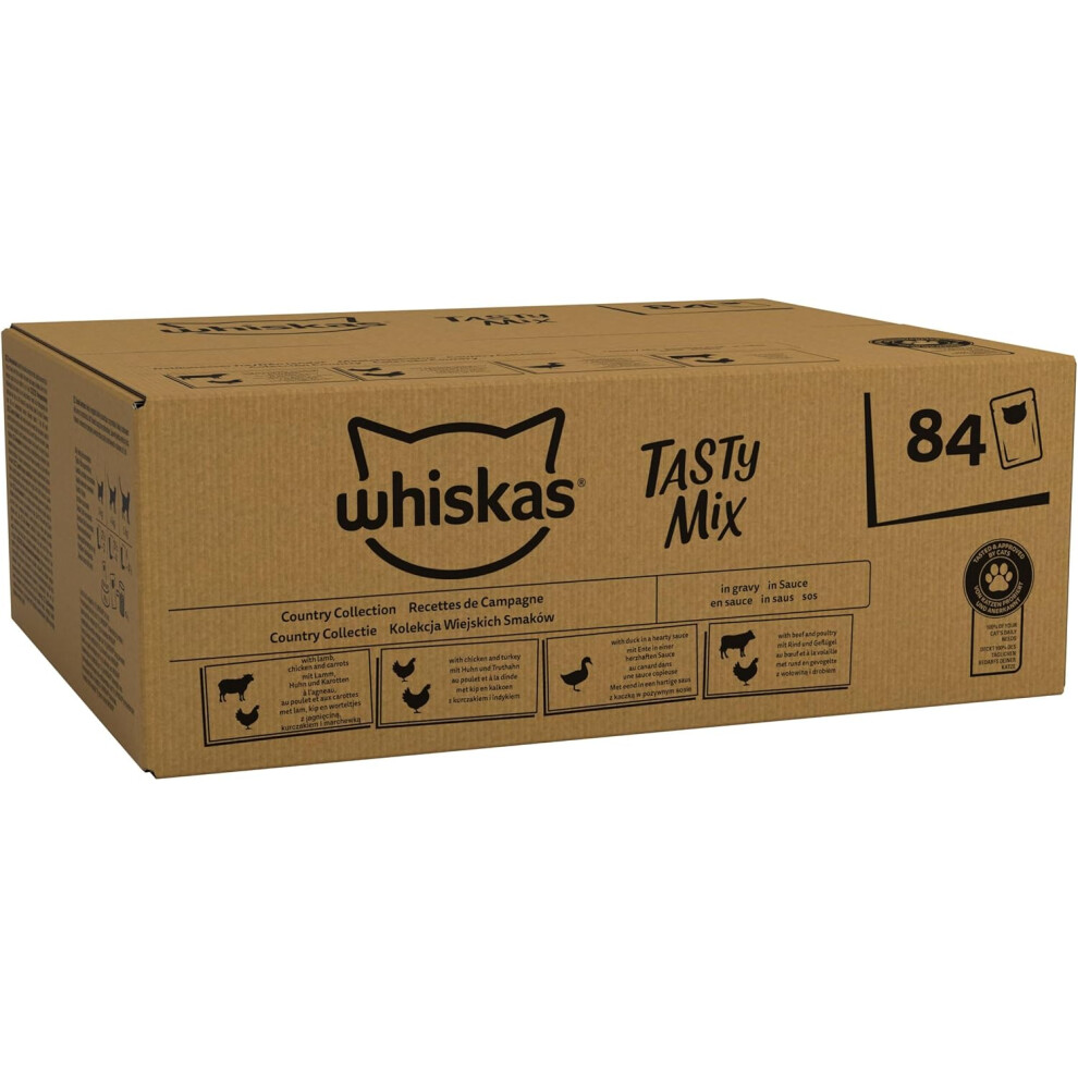 Whiskas 1+ Adult Tasty Mix In Gravy 84 Pouches, Adult Wet Cat Food, Country Collection, Megapack (84 X 85 g)