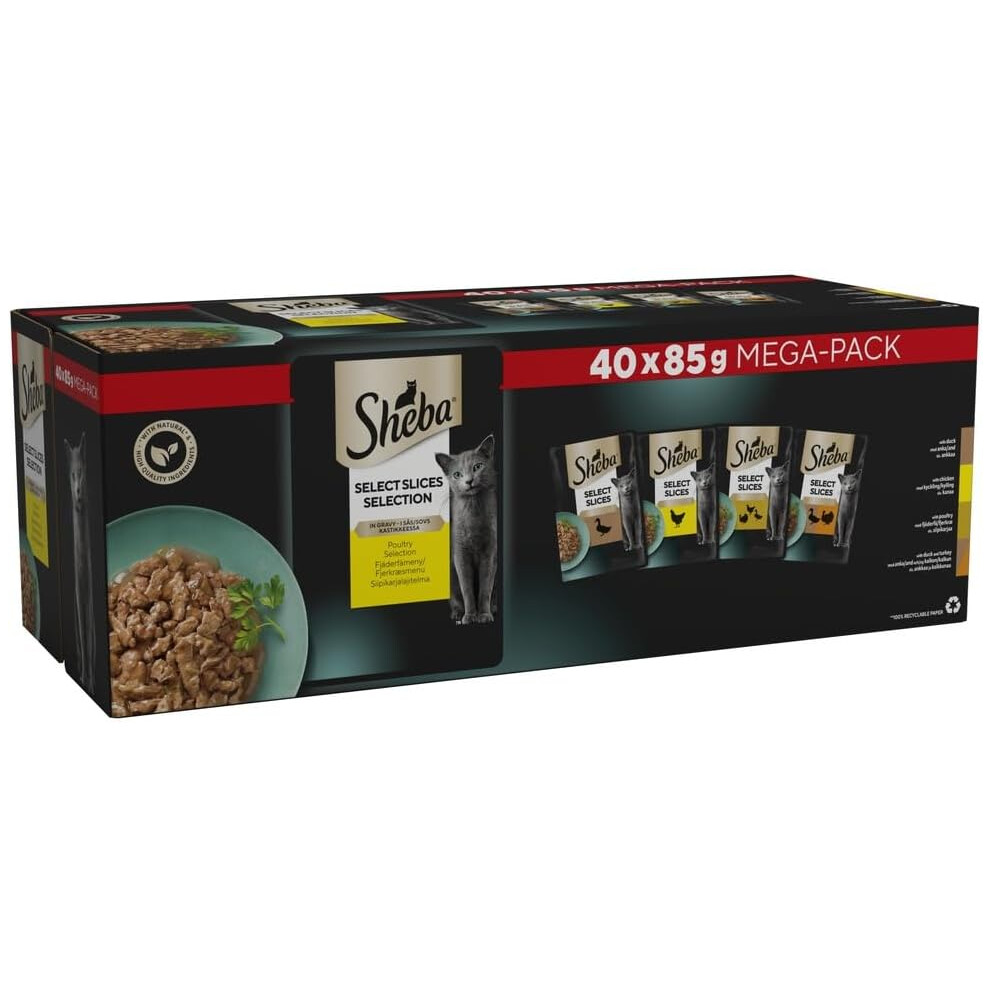 SHEBA Select Slices Poultry Adult Wet Cat Food Pouches 40 x 85 g, 40 Gravy Pouches, Bulk Cat Food Megapack