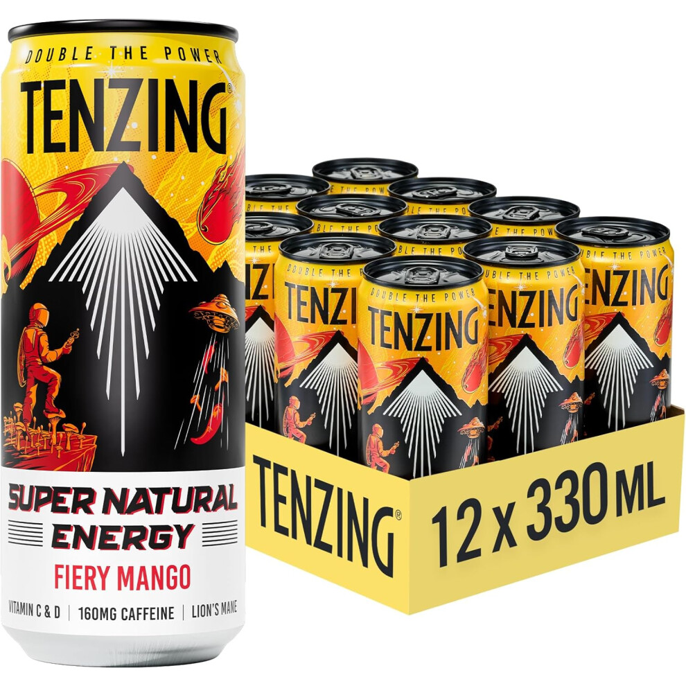 Tenzing Super Natural Energy Drink, Fiery Mango, 160Mg Caffeine, Vitamin D, Magnesium, Mushrooms Vegan, & Gluten Free, 330Ml (Pack Of 12)