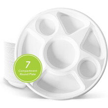 (Pack of 50) ECONX 7 Compartment Bagasse Plate Round Heavy Duty Eco-Friendly Disposable Bagasse Plates Ideal for Parties, BBQs, Picnics etc.
