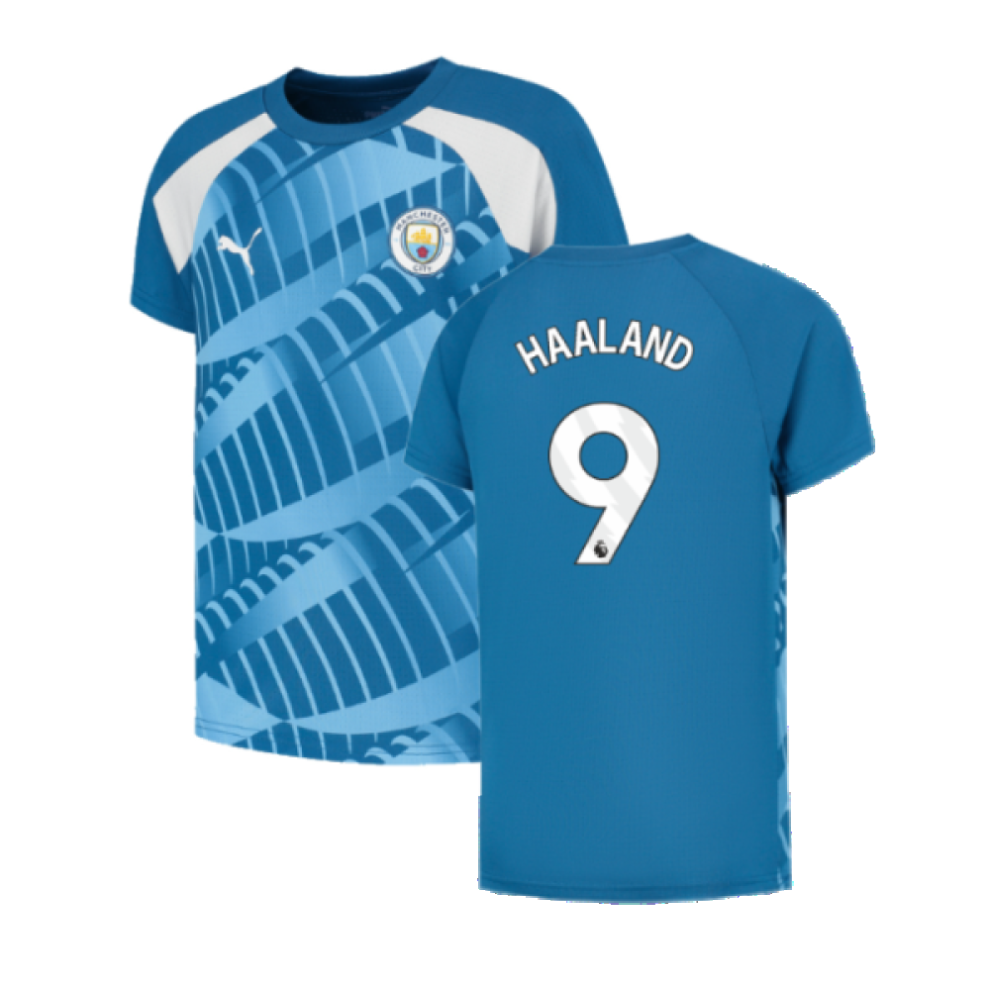 (XXL) 2023-2024 Man City Pre-Match Jersey (Lake Blue) (HAALAND 9)