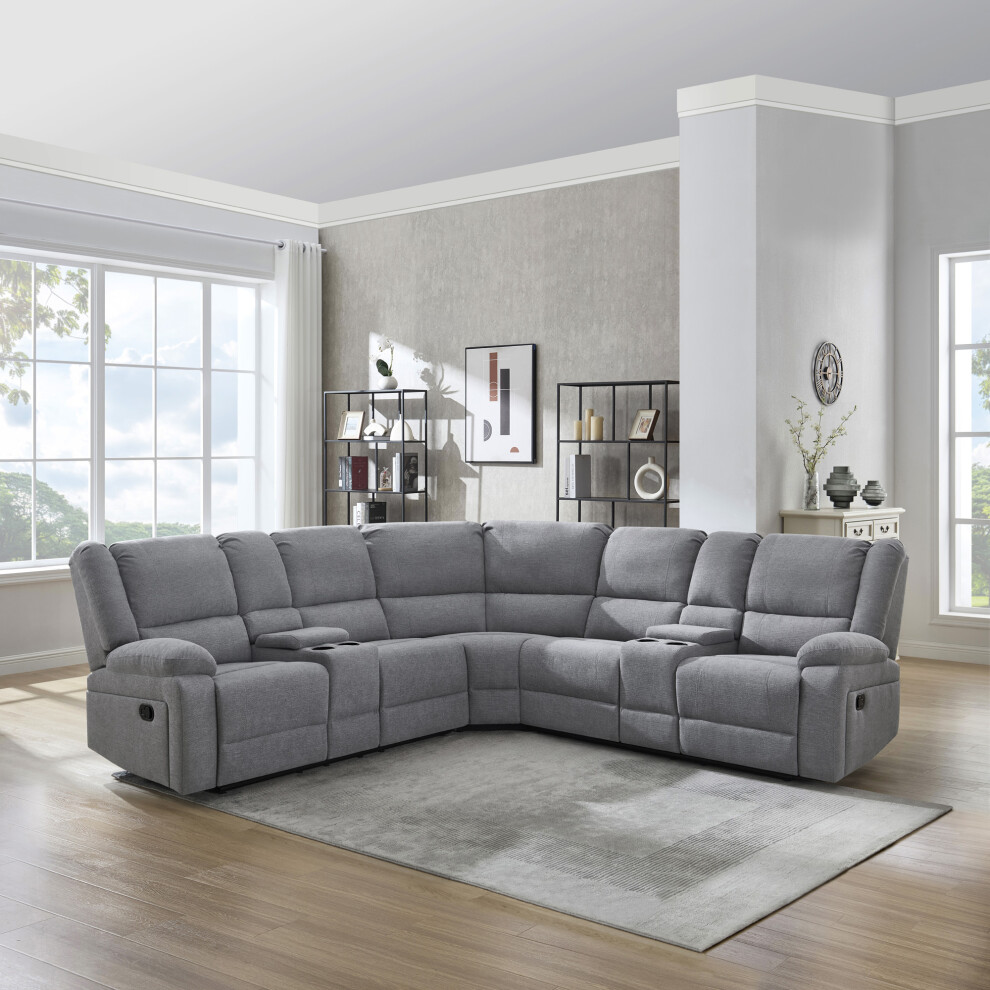 (Light Grey) PRAGA 5 SEATER CORNER SOFA MODERN FABRIC RECLINER SOFA w DRINKS CONSOLES