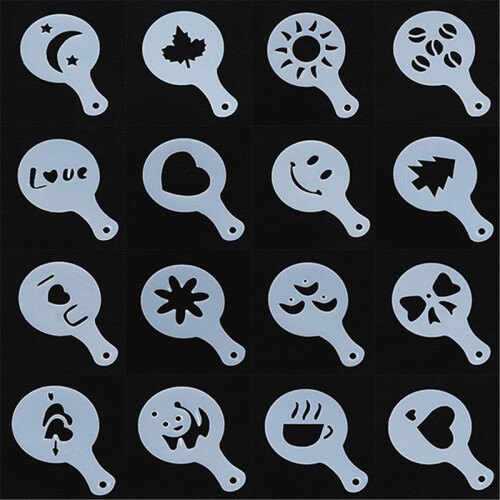 16Pcs Cappuccino Latte Art Coffee Stencils Duster Cake Icing Spray 2