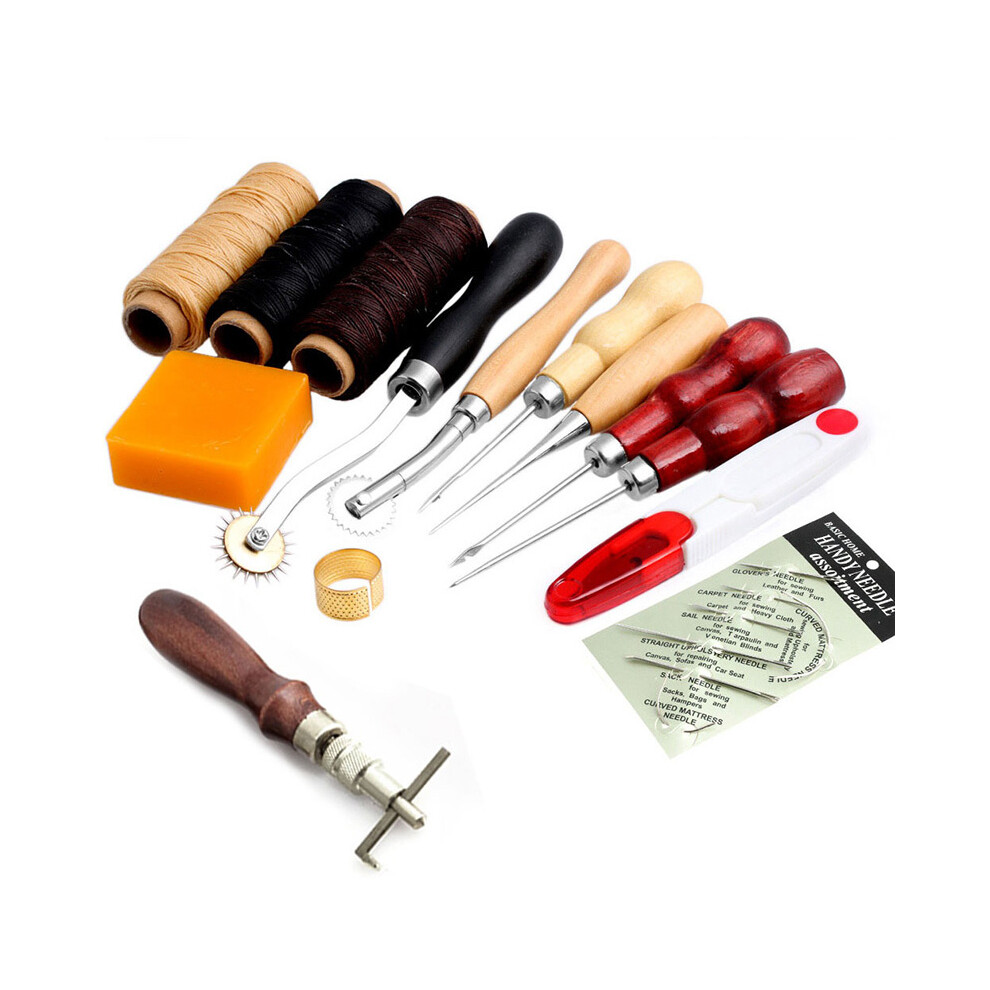 14Pcs Leather Craft Hand Stitching Sewing Tool Thread Awl Waxed Thimble Kit Hand Tools