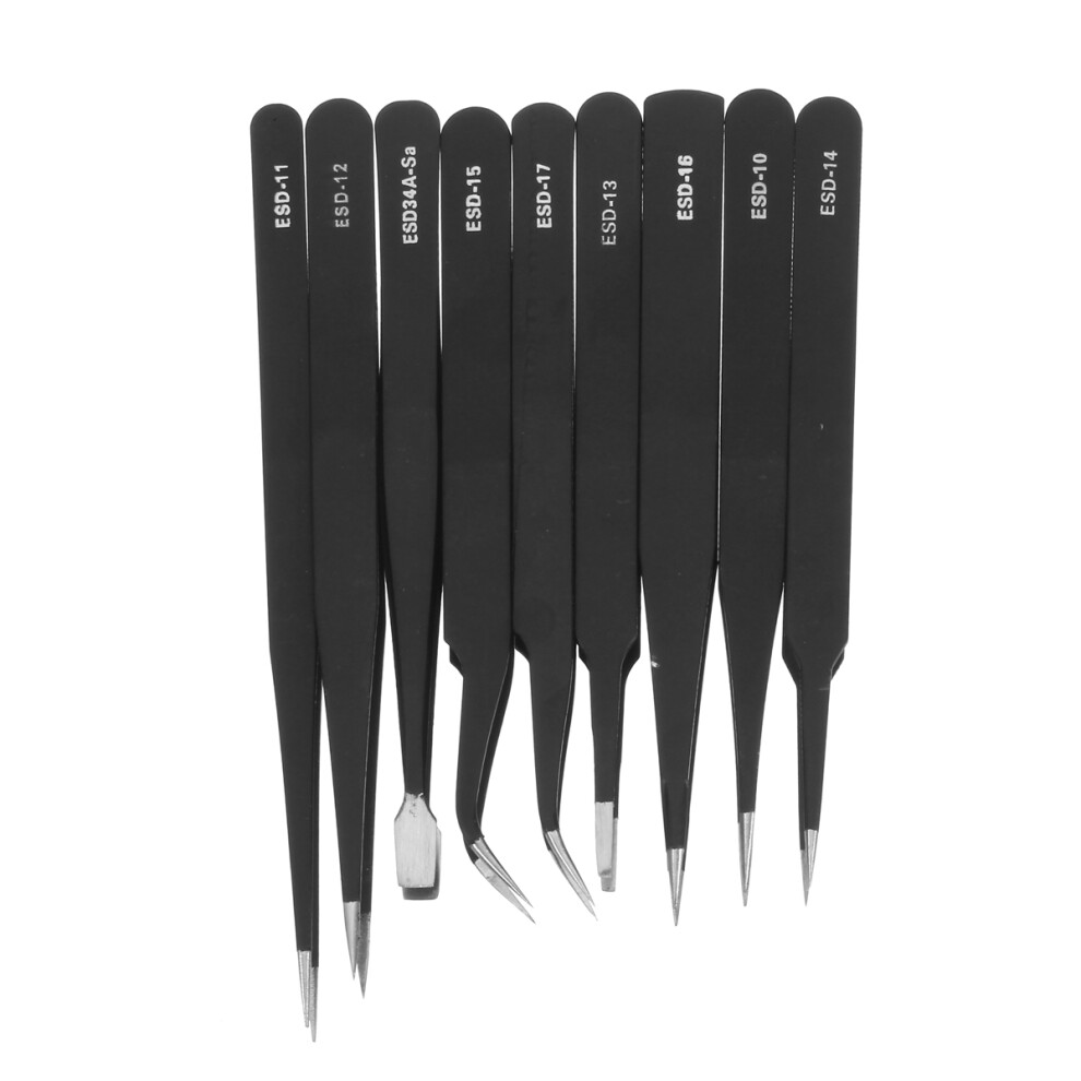 Black 9Pcs Resists Corrosion Anti-Static Tweezers Stainless Tweezers