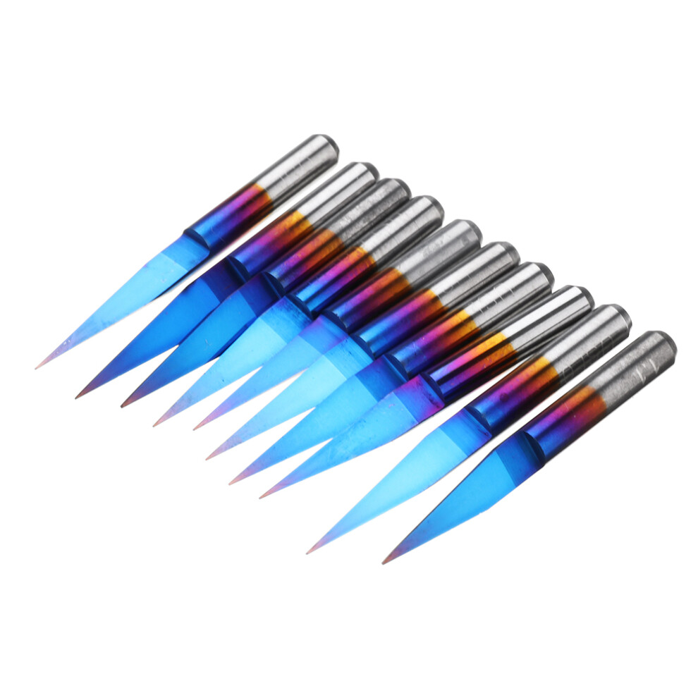 Drillpro 10Pcs 0.1/0.2/0.3Mm 15 Degree Blue Nano Coated Carbide Engraving Bit Flat Bottom Pcb Engraving Bit Cnc Router Tool 6900041630904