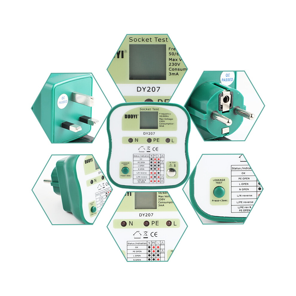 Duoyi Dy207 Digital Display Socket Tester Power Socket Rcd Test Detector Wall Sockets Circuit Breaker Finder Analysis Eu/Us/Uk 6900064166916