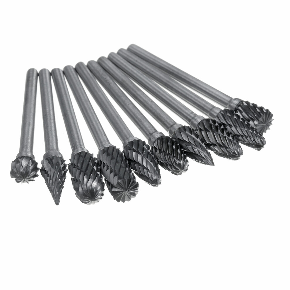 10Pcs Tungsten Carbide Double Cut Rotary File 1/8 Inch Shank Grinding Burr Set 726303961175
