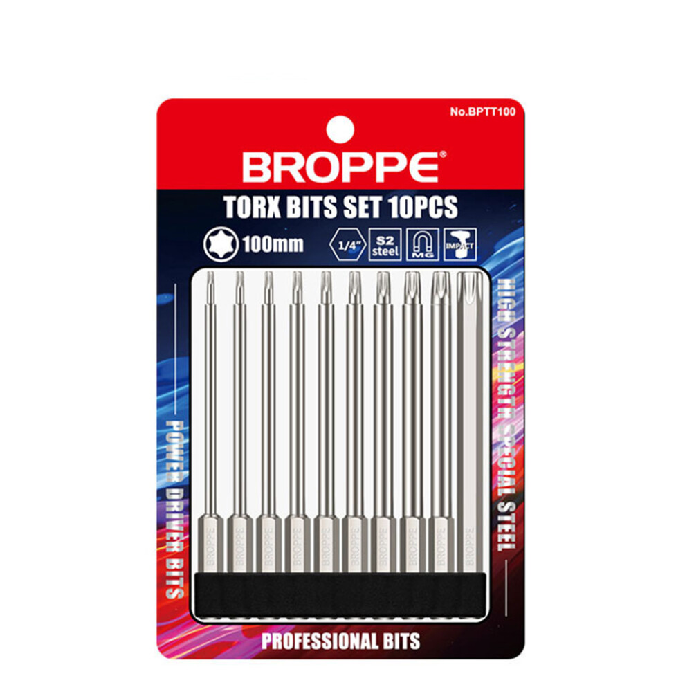 Broppe 10Pcs S2 Alloy Steel T6-T40 100Mm Magnetic Torx Screwdriver Bits 1/4 Inch Hex Shank 6901250615577