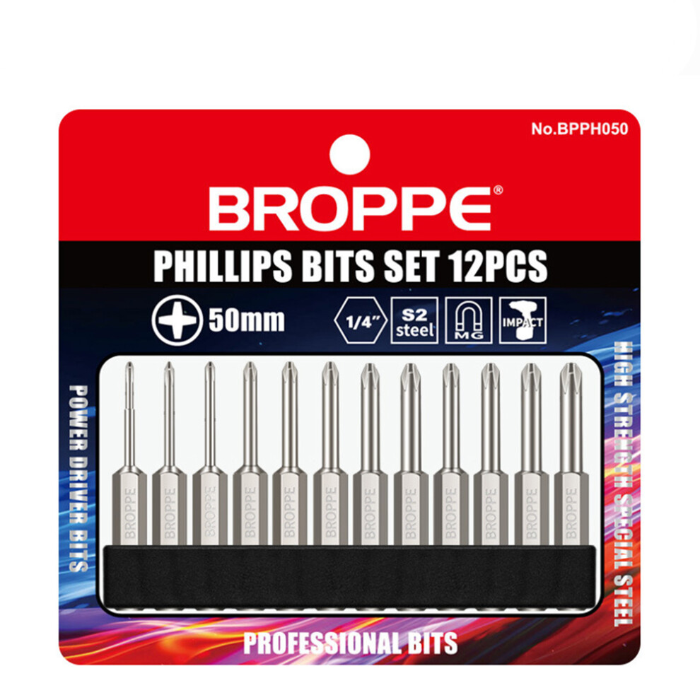Broppe 12Pcs 50Mm S2 Alloy Steel Magnetic Cross Head Screwdriver Bits 1/4 Inch Hex Shank 6901250669952