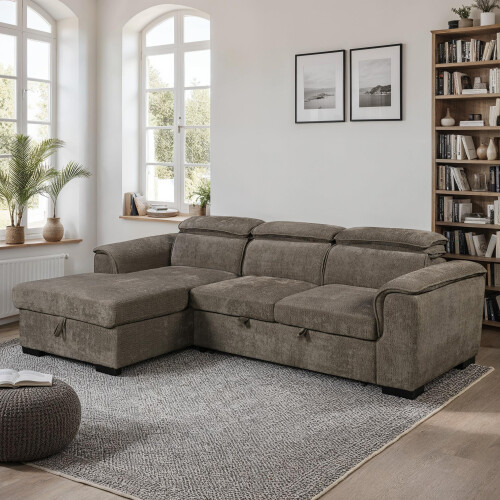 MORE4HOMES (Mocha) TIVOLI FABRIC PULL OUT 3 SEATER CORNER SOFA BED