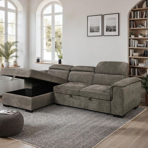 MORE4HOMES (Mocha) TIVOLI FABRIC PULL OUT 3 SEATER CORNER SOFA BED 2