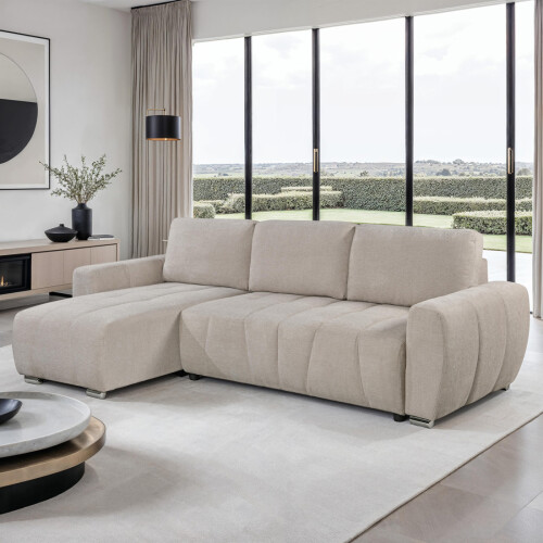 MORE4HOMES (Beige) VIENNA FABRIC PULL OUT FOLDING 3 SEATER CORNER SOFA BED