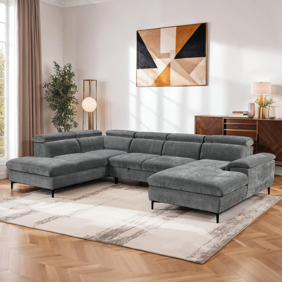 (Grey) LEON FABRIC PULL OUT CORNER SOFA BED
