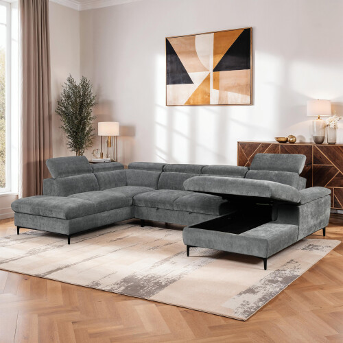 MORE4HOMES (Grey) LEON FABRIC PULL OUT CORNER SOFA BED 2