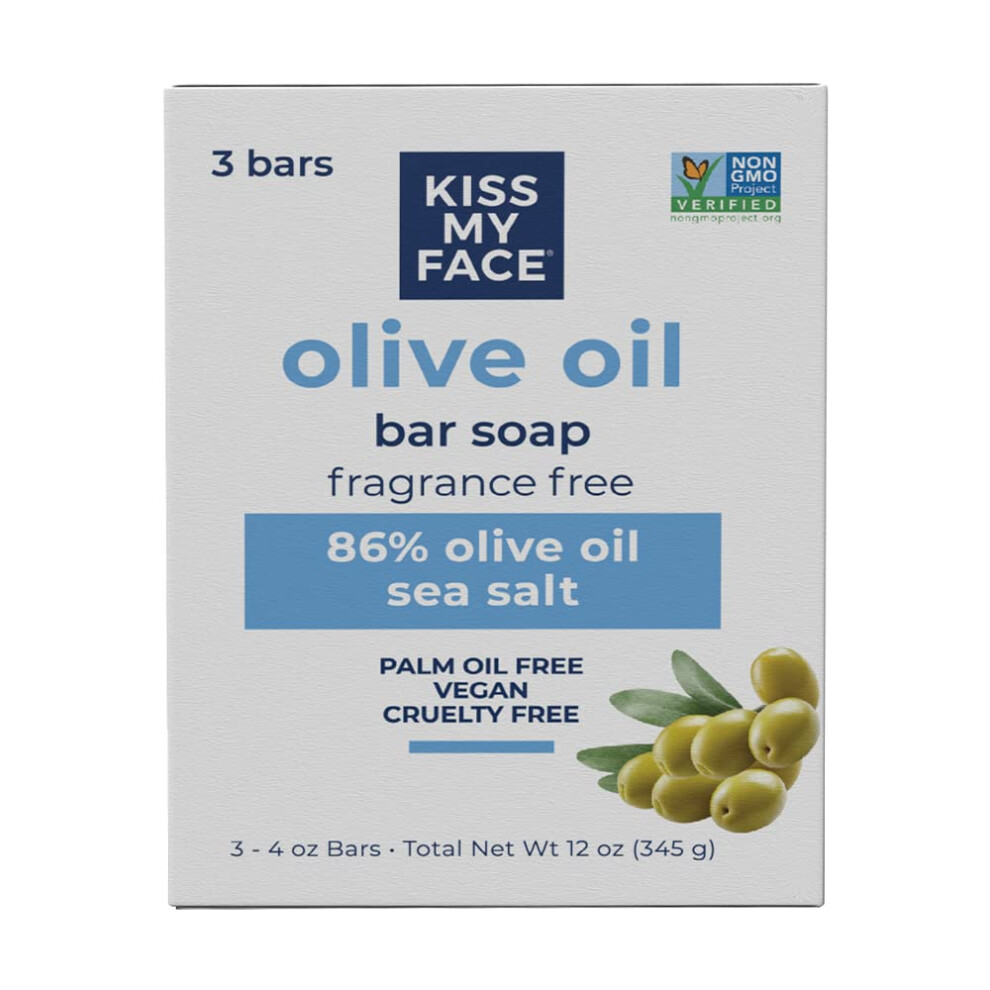 Kiss My Face Olive Oil Fragrance Free Bar Soap  Moisturizing Bar Soap  Cruelty Free Vegan Soap  Palm Oil Free  4 Oz - 3 Count (Pack of 1)