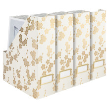 BLU MONACO Cutii decorative pliabile de depozitare pentru reviste pentru birou Set de 4 cu model floral auriu ?i suport pentru etichete auriu - C