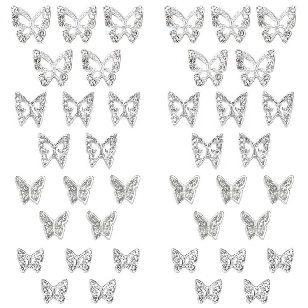 Qiipii Silver Butterfly Nail Charms, 40Pcs 3D Butterfly Charms For Acrylic Nails, 30 Butterflies Nail Rhinestones Gems Charms +10 Nail Alloy Studs, Nail Art