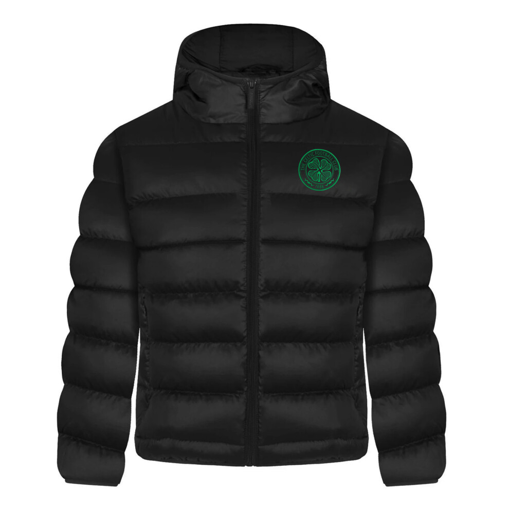 (Black Crest, 10-11 Years) Celtic FC Boys Jacket Hooded Winter Quilted Kids OFFICIAL Football Gift
