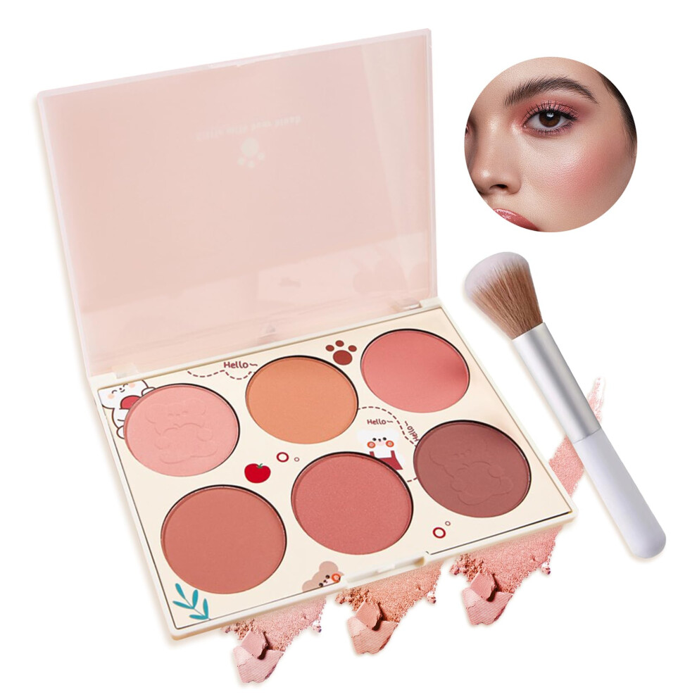Junkujk 6 Colors Blush Palette,Shimmer Silky Matte Blush Powder Palette,Professional Cute Face Contour Highlighter Blush Palette With Blush Makeup Bru
