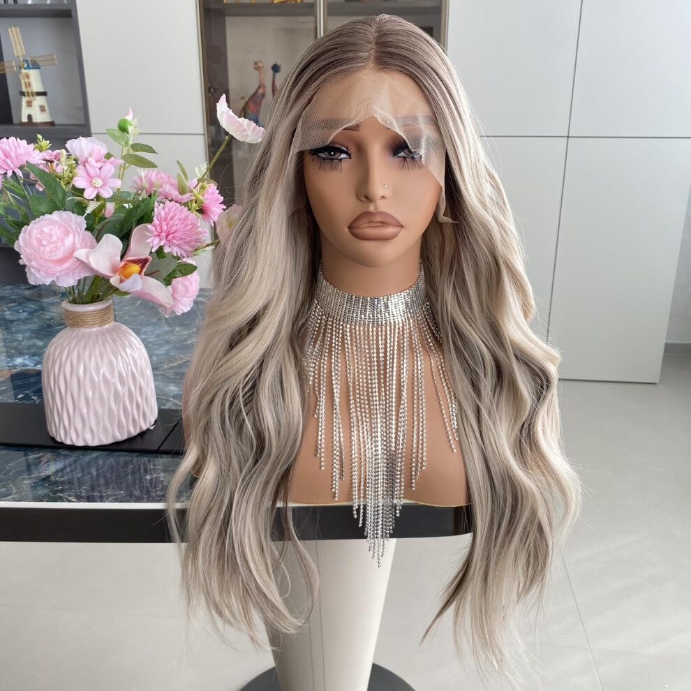 Carkira Ash Platinum Blonde Lace Front Wig With Brown Hair Highlights 13X4 Long Body Wave Ombre Color Synthetic Fiber Wigs 20Inch For Women