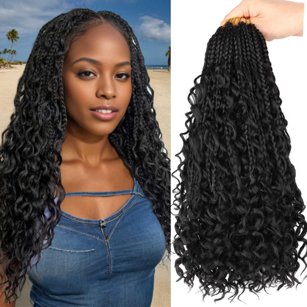 Mytarku 8 Packs Goddess Box Braids Crochet Hair 16 Inch Crochet Box Braids With Curly Ends Boho Bohemian Braids Crochet Braid Hair For Women (1B, 16 Inch 8 Pa