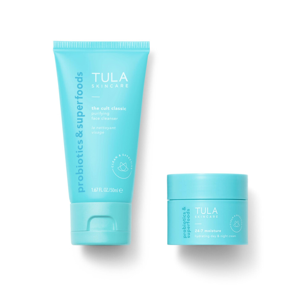 TULA Skincare Glazed In Glow Cleansing & Hydrating Duo - Includes Travel Sized 24-7 Moisture Hydrating Day & Night Cream And Cult Classic Purifying Fa