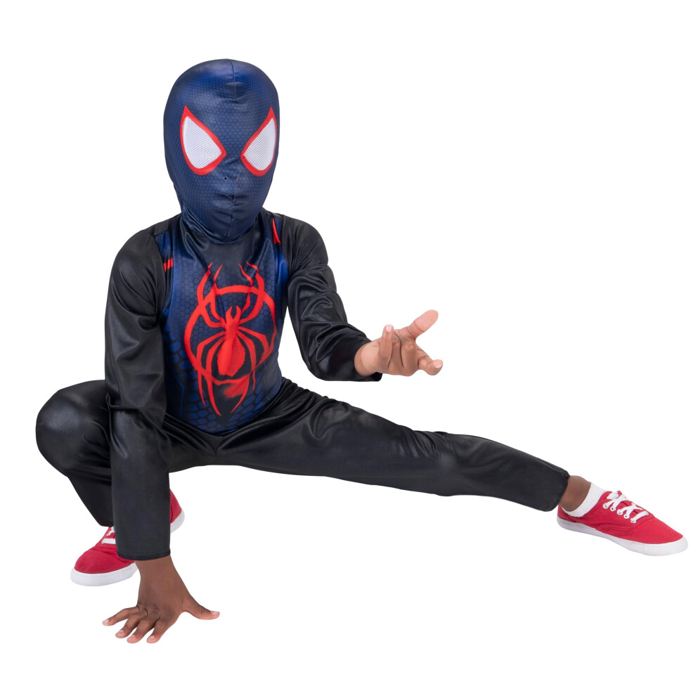 Marvel Miles Morales Officieel Jeugd Halloween Kostuum - Bedrukt Jumpsuit Met Stoffen Masker (M) Zwart-image