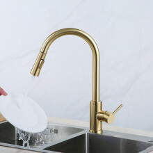 Kitchen Faucet Extendable Single Lever Mixer Tap Stainless Steel 360? Rotatable Hot and Cold Adjustable Gold