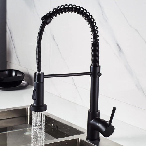 Single Handle Spring Kitchen Faucet Brass with Pull Out Sprayer Kitchen Sink Mixer Tap (Black) 2