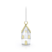 Adorno de pueblo invernal Swarovski Holiday Magic con cristales Swarovski transparentes y detalles met   licos en tono dorado champ   n sobre cinta d