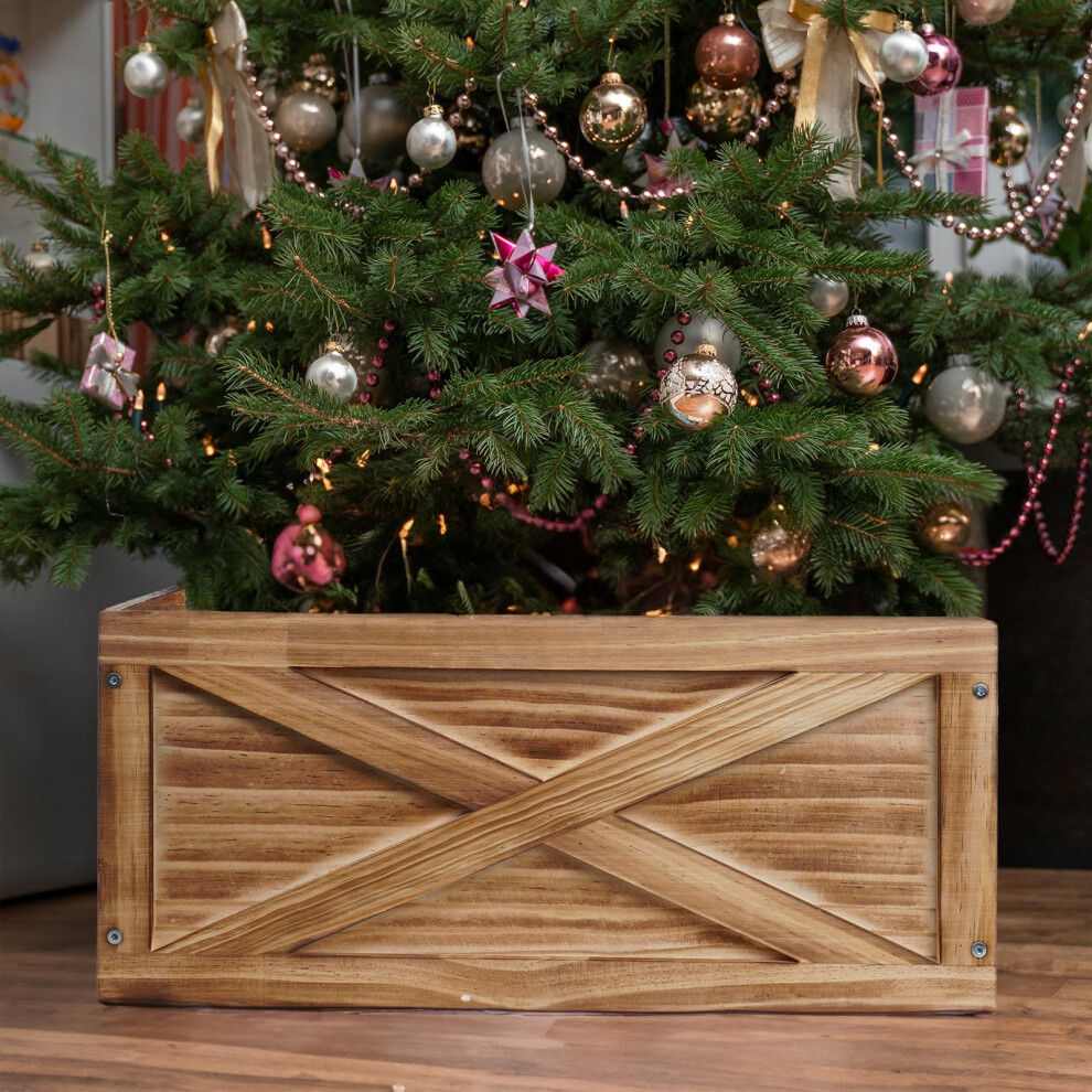 Christmas Tree Collar Box  17 L Brown Wooden Tree Collar  Christmas Tree Stand Cover  Tree Skirt Box for Below 6ft Christmas Tree Decoration-image-OPC-PFZ6JNX-NEW