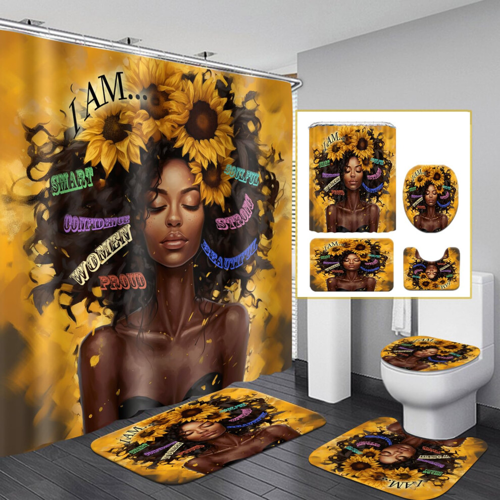 Ensemble de 4 rideaux de douche tournesol noir fille, mots inspirants, ensembles de salle de bain reine africaine avec rideau de douche et tapis, hous