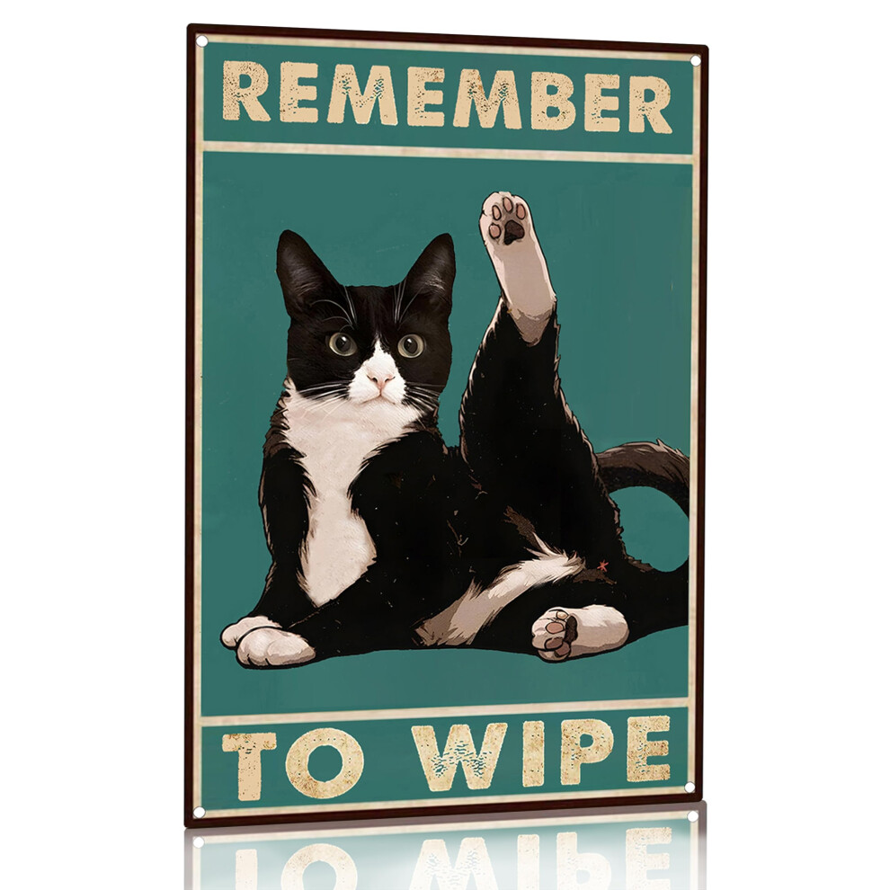 Crazysign Lustiges Katzen-Badezimmerdekor-Schild ?Tuxedo Cat Remember To Wipe?, Blechschild F?R Badezimmer, Toilette, Wanddekoration, 20,3 X 30,5 Cm (-image