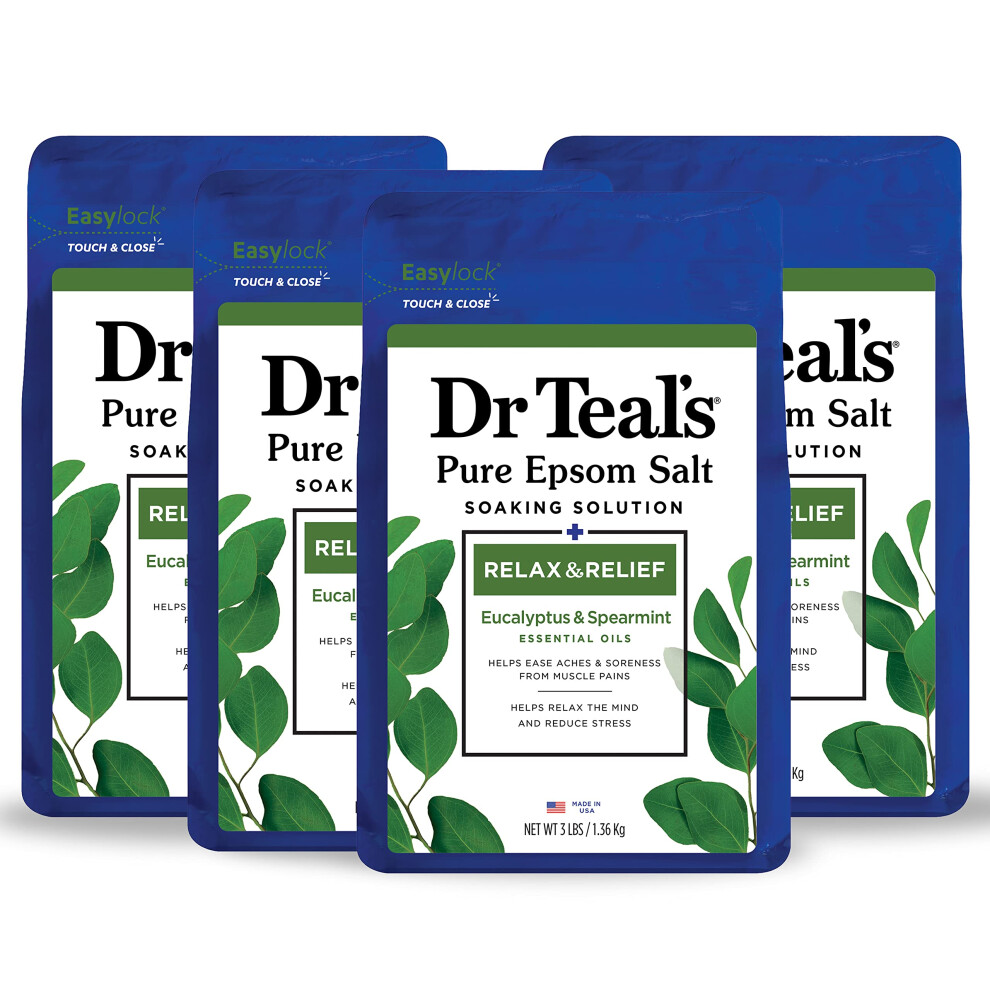 Dr Teal's Pure Epsom Magnesium Salt Soak  Relax & Relief with Eucalyptus and Spearmint  3 lb (Pack of 4)