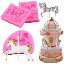 3 stuks Carrousel Paard Siliconen Fondant Mallen 3D Merry-Go-Round Chocolade Lolly Sugarcraft Gum Paste Mold voor Jongen Meisje Baby Douche Carrousel