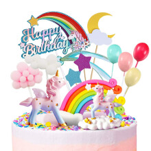 MOVINPE Unicorn Cake Topper 2 Magiske Enhj?rninger Skulptur 1 Regnbue 1 Tillykke med f?dselsdagen Banner 2 Sky 4 Ballon 12 Stjerner 1 M?ne Kage D