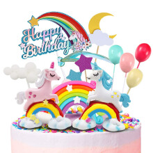 MOVINPE Eenhoorn Taarttopper 2 Magische Eenhoorns Sculptuur 1 Regenboog 1 Gelukkige Verjaardag Banner 2 Wolk 4 Ballon 12 Sterren 1 Maan Taartdecorati