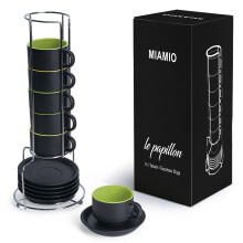 MIAMIO - Set di 6 tazze da caff    espresso da 25 oz con piattini - Set di 6 tazze da caff    in ceramica, impilabili, con supporto per bevande al ca
