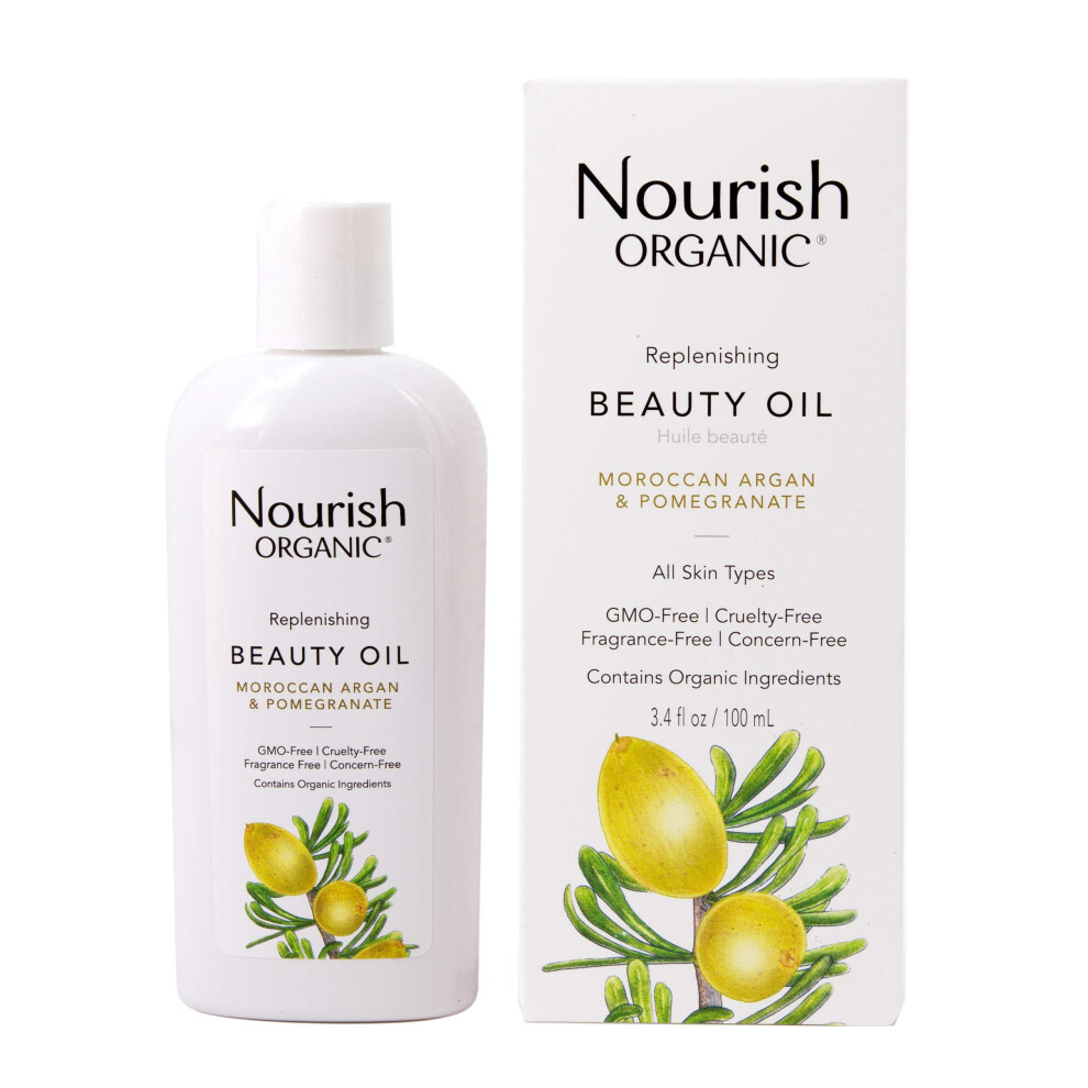 Nourish Organic Replenishing Beauty Oil For Body Face And Hair With Pomegranate And Moroccan Argan 3.4 Ounce